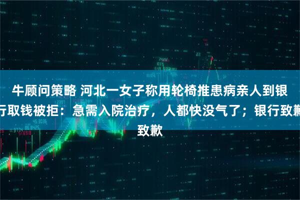 牛顾问策略 河北一女子称用轮椅推患病亲人到银行取钱被拒：急需入院治疗，人都快没气了；银行致歉